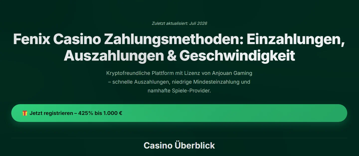 Fenix Casino — bis zu 425% bis 1.000 € + 375 Freispiele über mehrere Einzahlungen